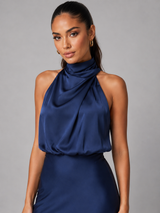 Robe midi à col montant effet satin pour invité de mariage