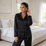 Pyjama en satin de soie femme manches longues boutonné noir