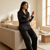 Pyjama en satin de soie femme manches longues boutonné noir