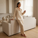 Pyjama en satin de soie femme manches longues boutonné champagne
