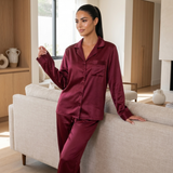 Pyjama en satin de soie femme manches longues boutonné vin