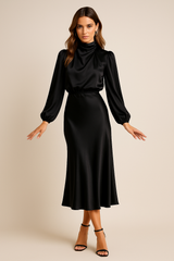 Women’s High Neck Satin Feel Midi Dress – Elegant Long Sleeve Fit