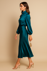 Women’s High Neck Satin Feel Midi Dress – Elegant Long Sleeve Fit