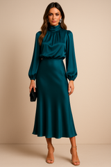 Women’s High Neck Satin Feel Midi Dress – Elegant Long Sleeve Fit