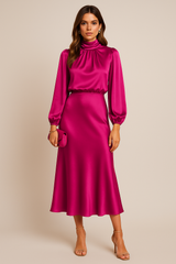 Women’s High Neck Satin Feel Midi Dress – Elegant Long Sleeve Fit