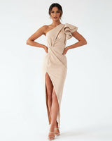 Women’s Sculpting One-Shoulder Midi Dress – Ruffle Detail